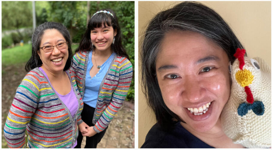 Carol and daughter twinning in Lifesavers cardigans; Carol and her first Emotional Support Chicken, Gregory Peck